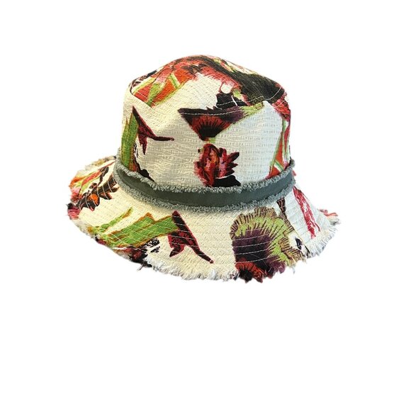 Floral Pistil Bucket Hat Cream Red Pink Flowers Khaki Band Boho Resort Wear - Picture 2 of 9